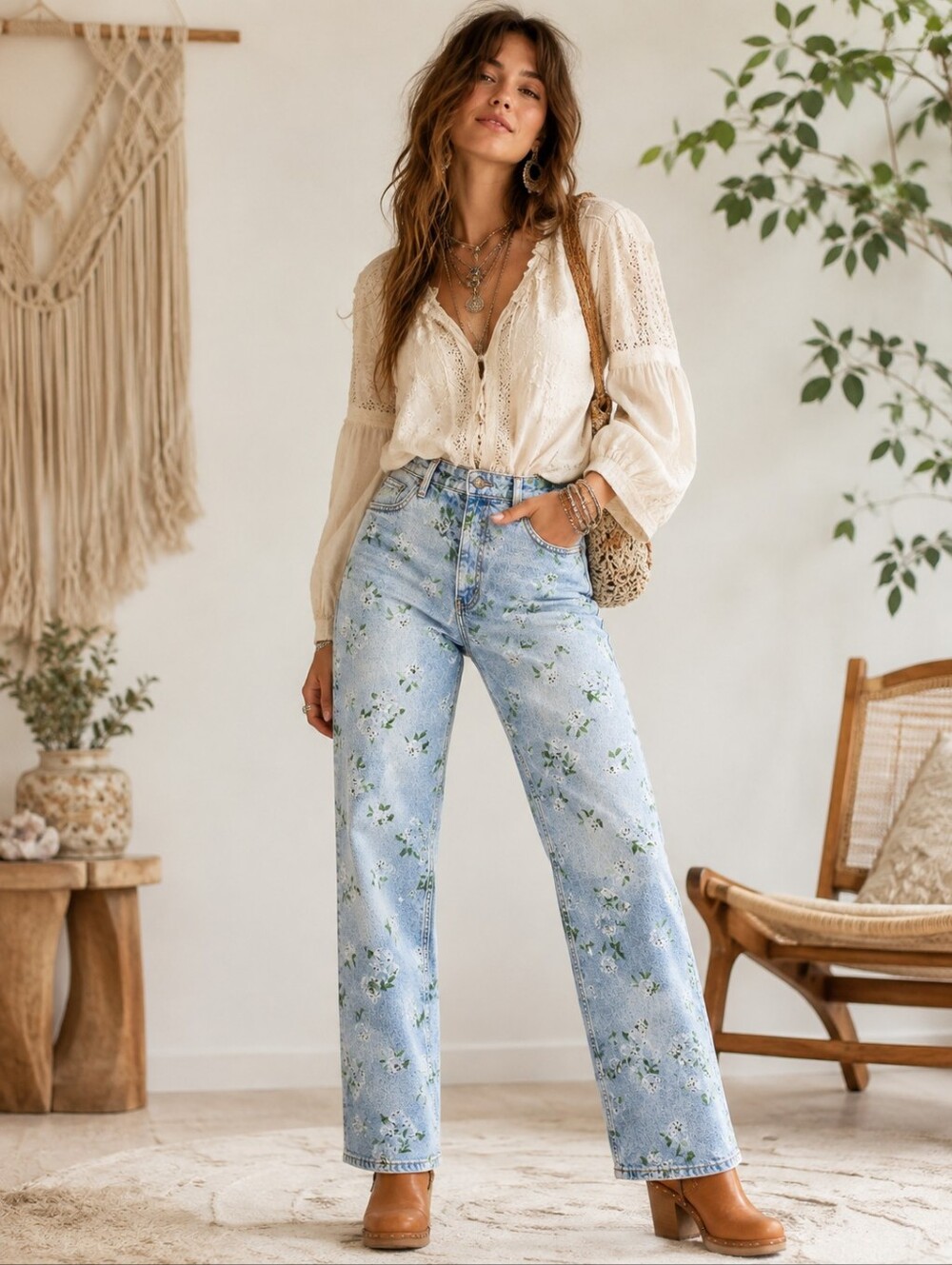 Wild Fable Floral Light Wash Straight Leg Jeans Size 12 Boho 90s Cottagecore NWT